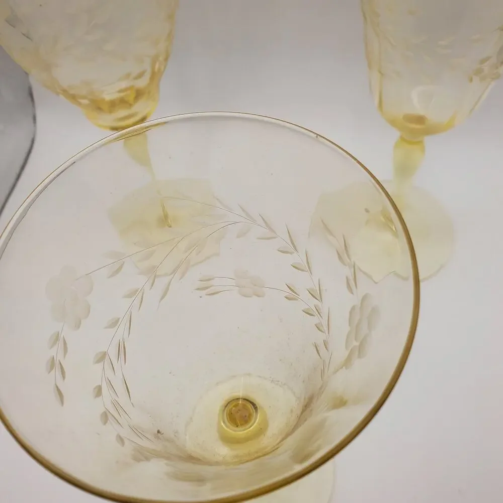 3 Elegant Tiffin-Franciscan Etched Wine Glasses Mandarin Yellow Topaz Gold